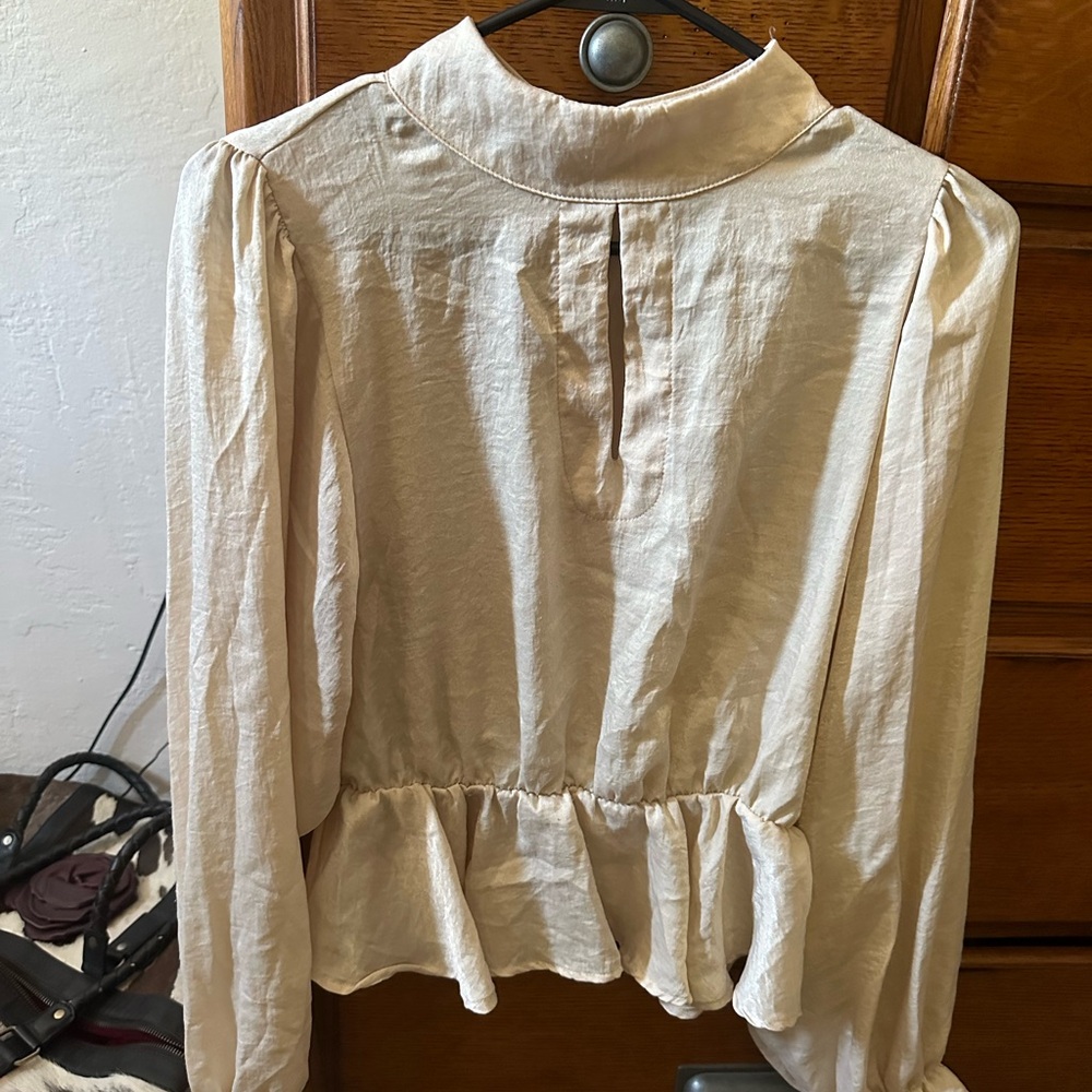 Peach Love California Cream Ruffled Mandarin Collar Blouse